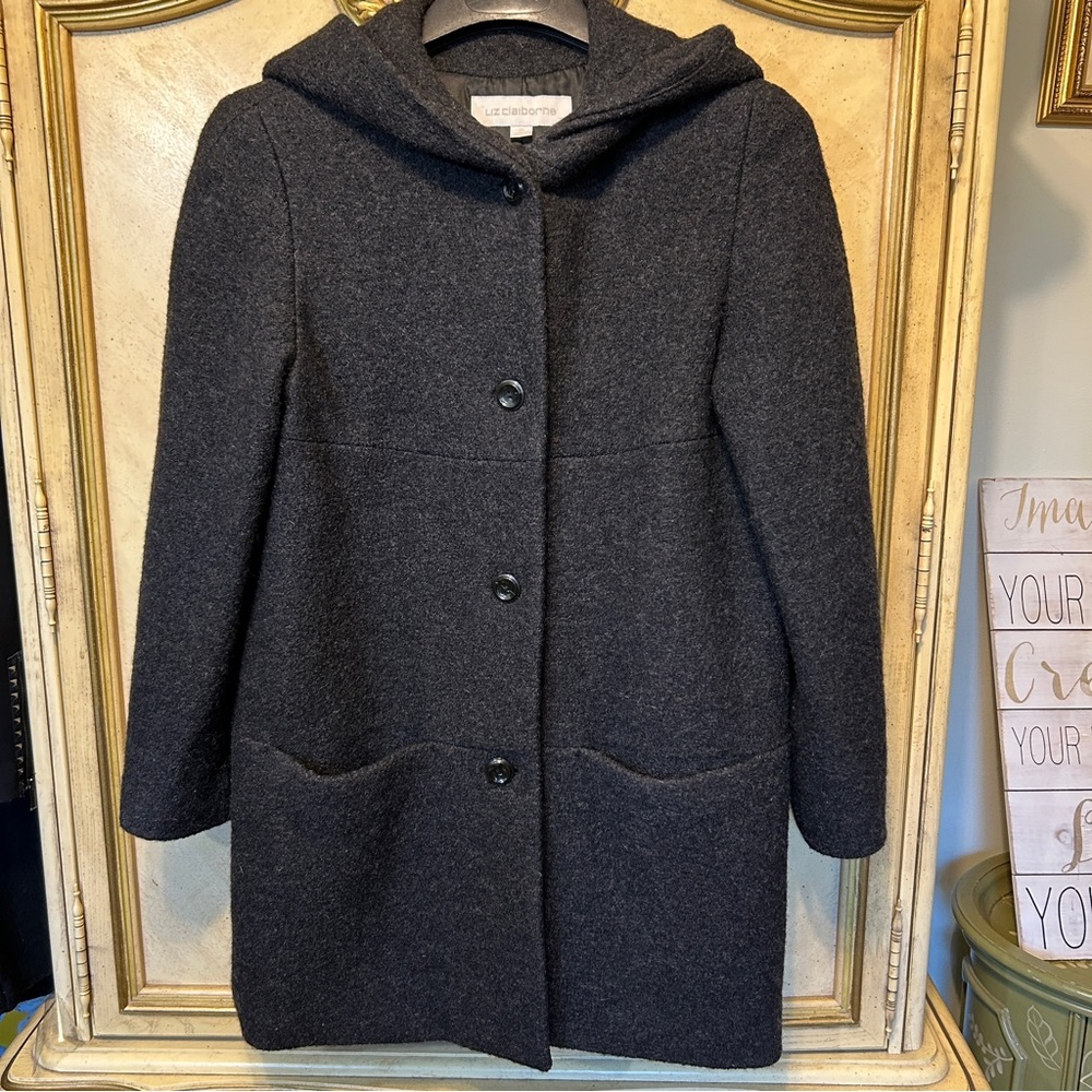 Liz Claiborne Black Charcoal Gray  Hooded 100% Wool Pea Coat